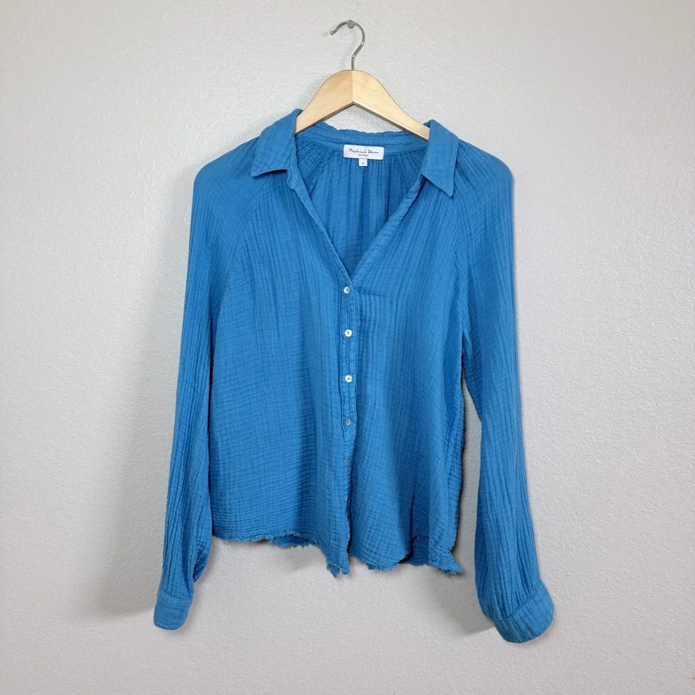 Michael Stars Blue Gauze Shirt Button Down Collared Long Sleeve Raw Hem Size S - Picture 2 of 8